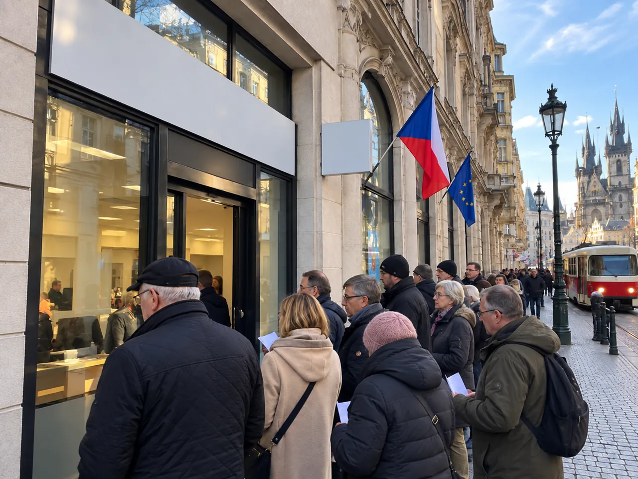 Lidé čekající před historickou budovou v Praze