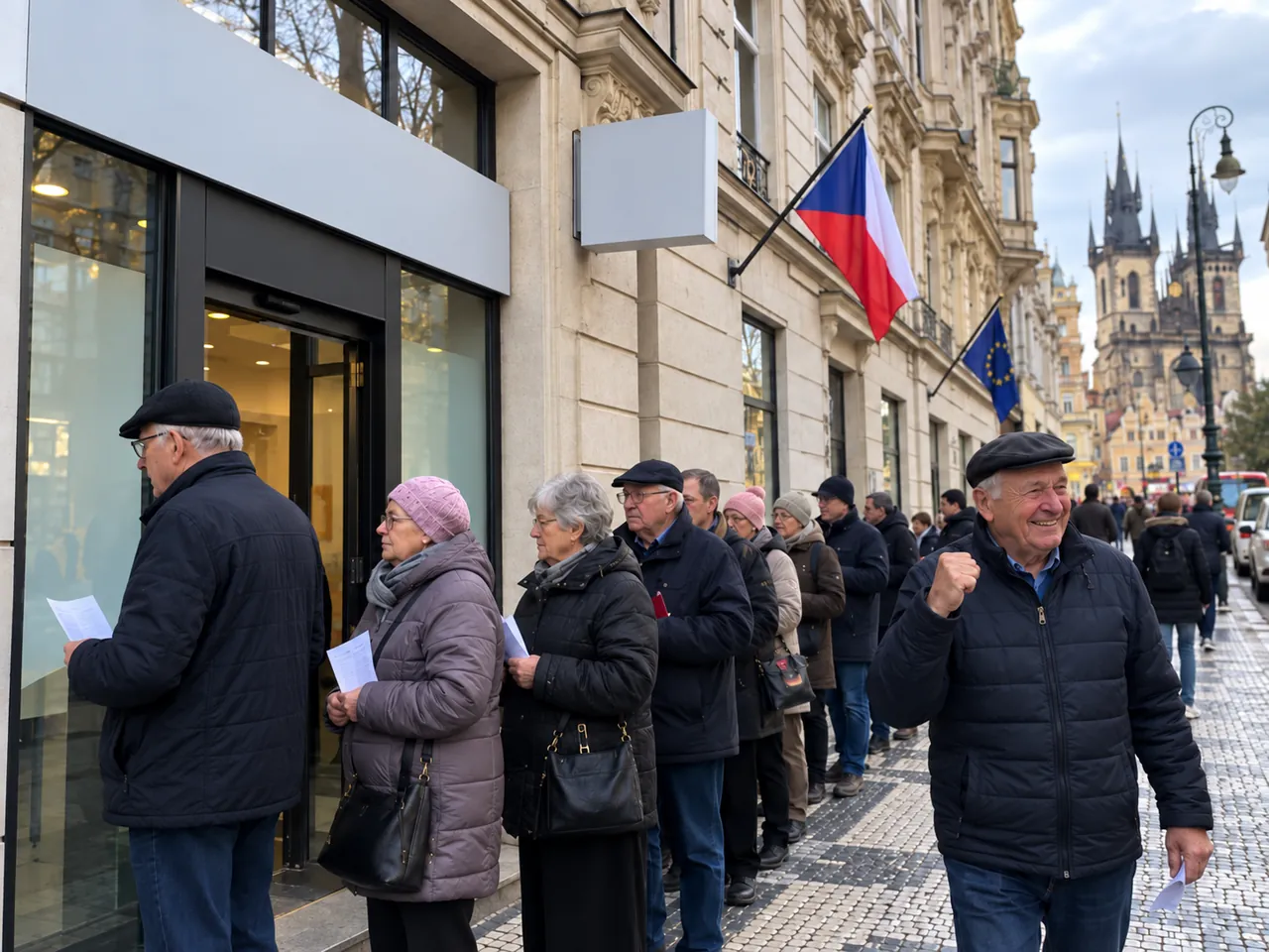 Lidé ve frontě před historickou budovou